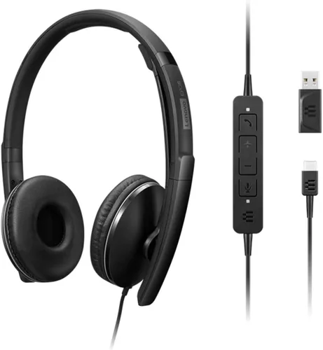 Vista 2 de Auriculares con cable Lenovo con cancelación activa de ruido (ANC), conectividad USB-C y USB-A, Certificado para Zoom, Cancelación activa de ruido