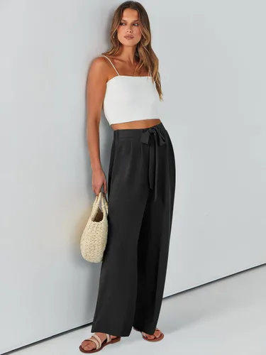 Vista 8 de Caracilia Pantalones palazzo de pierna ancha para mujer, de cintura alta, ajustables, con lazo, holgados, informales, con bolsillos