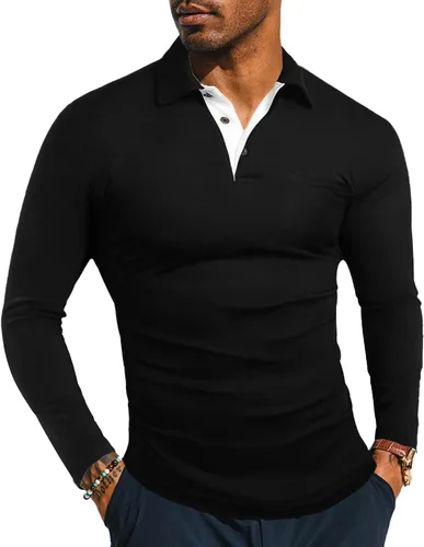 Vista 14 de KUYIGO Camisas de manga larga y corta estilo polo para hombre, estilo informal, ajustadas, diseño sólido, suave, con botones, de algodón, con A1