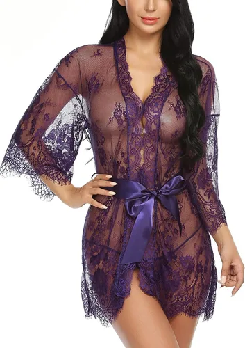 Vista 4 de Pijama de bebé sexy transparente para mujer, lencería con ribete de encaje, ropa interior transparente con bata
