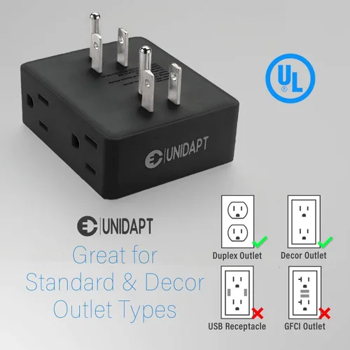 Vista 4 de Unidapt - Divisor de enchufes múltiples, adaptador extensor de múltiples salidas con 6 enchufes de CA, caja divisora lateral, expansor de enchufe