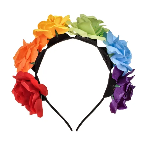 Vista 6 de Corona floral BOHO con diadema de rosas para el cabello (rojo oscuro)
