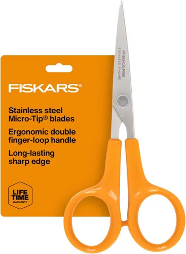 Vista 11 de Fiskars Tijeras con mango naranja de corte recto, hojas de acero inoxidable, mango ambidiestro de doble asa