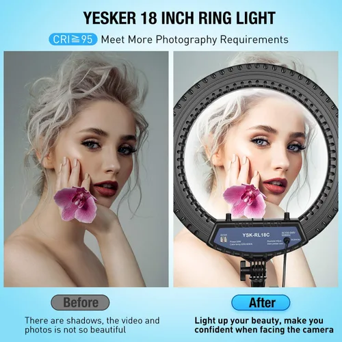 Vista 3 de Yesker Anillo de luz de 18 pulgadas con trípode grande para selfie, luz de anillo ajustable de 6000 K regulable, LED, portátil, profesional, kit