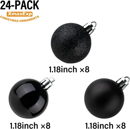 Vista 2 de XmasExp Juego de 24 mini esferas de Navidad inastillables para bolas de árbol de Navidad, 1.18 pulgadas (negro)
