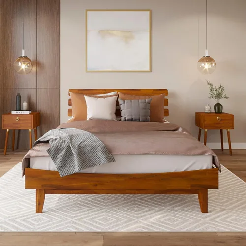 Vista 5 de Bme Caden Base de cama de lujo de 15 pulgadas con cabecera ajustable, estilo de mediados de siglo con madera de acacia, no necesita somier, soporte
