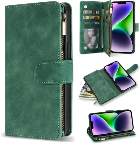 Vista 13 de ZZXX Funda tipo cartera para iPhone 14 Plus con [Bloqueo RFID] Ranura para tarjetas Cuero PU suave premium con cremallera tipo folio plegable