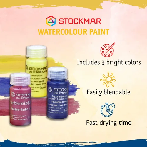 Vista 2 de Stockmar Juego de pintura de acuarela, incluye rojo carmín, amarillo limón, azul ultramarino, pintura lavable para niños, estudiantes y artistas