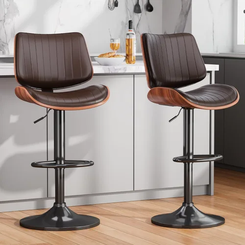 Vista 14 de Juego de 1 taburetes de bar giratorios de madera curvada ajustables para encimera de cocina, moderna silla de bar tapizada de piel sintética
