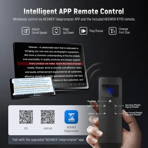 Vista 6 de Neewer Teleprompter C12 Diseño modular con abrazadera de varilla LWS de 0.591 in, control remoto RT113, control de aplicación, divisor de haz de 12
