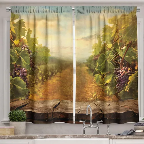 Vista 14 de Ambesonne Cortinas rústicas de cocina, recetas temáticas de verduras para chef, tablones de madera rústica, imagen de arte, cortinas de ventana