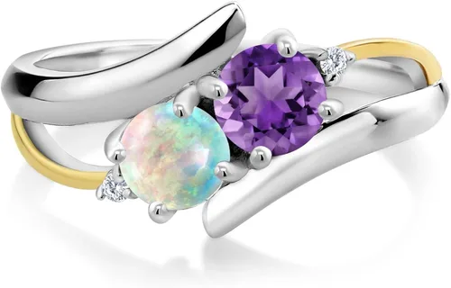 Vista 2 de Gem Stone King Anillo de plata de ley 925 y oro amarillo de 10 quilates ópalo blanco de amatista púrpura y diamante cultivado en laboratorio blanco