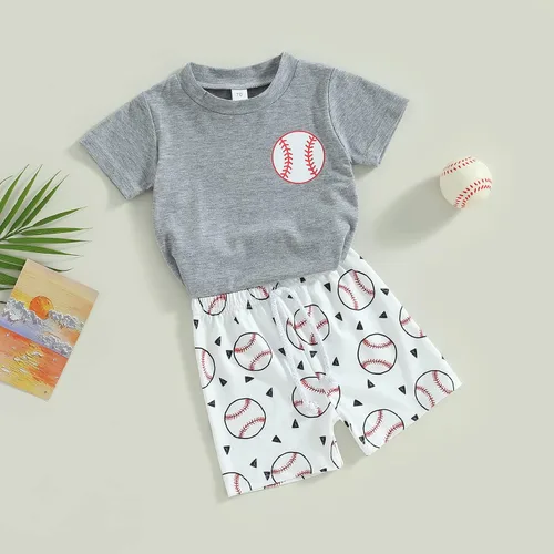 Vista 4 de Conjunto de 2 piezas de camiseta y pantalones cortos de béisbol con estampado de letras para bebé niño