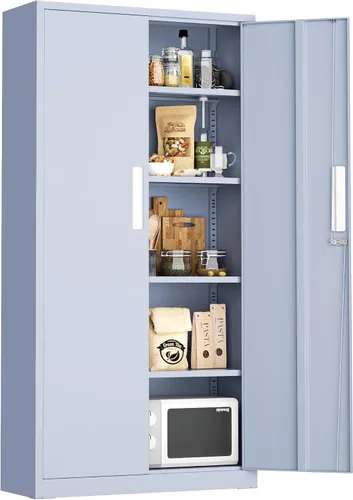 Vista 9 de Greenvelly Armario de almacenamiento de metal con cerradura, gabinete de almacenamiento cerrado negro de 72 pulgadas con 2 puertas y 4 estantes