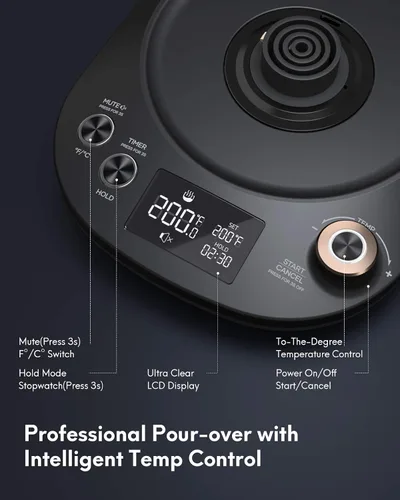 Vista 3 de Hervidor de cuello de cisne con control de temperatura, hervidor eléctrico para café y té, interior de acero 100% inoxidable, calentamiento rápido