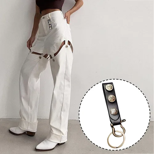 Vista 5 de 1PCS Horseshoe Buckle Cross Wrench Leather KeyChain Vintage Car Key Fob Genuine Leather KeyRings for Men&Women