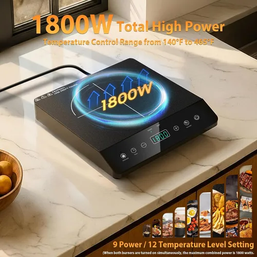 Vista 3 de Placa de inducción de quemador único, cocina de inducción portátil certificada ETL de 1800 W, bobina de calentamiento grande de 8 pulgadas, 12