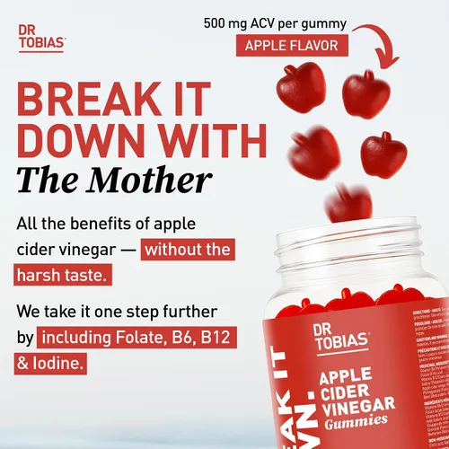 Vista 2 de Dr. Tobias Gomitas de vinagre de sidra de manzana con la madre, 500 mg de ACV por porción, más folato, B6, B12 y yodo Apoya la limpieza intestinal