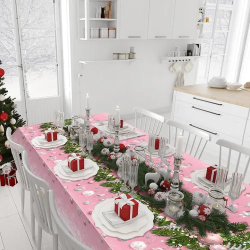 Vista 8 de Mantel de plástico con diseño de árbol de Navidad, 3 piezas, mantel rectangular de invierno con copos de nieve para Navidad, vacaciones, Año Nuevo