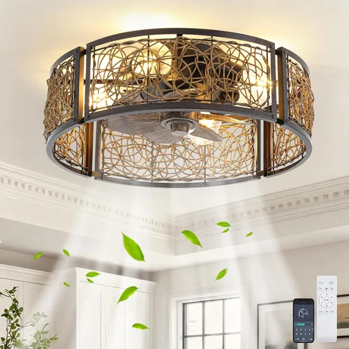 Vista 16 de Ganeed Ventilador de techo bohemio de 20 pulgadas con luz, ventilador de techo enjaulado de ratán tejido a mano con luz y control remoto, ventilador