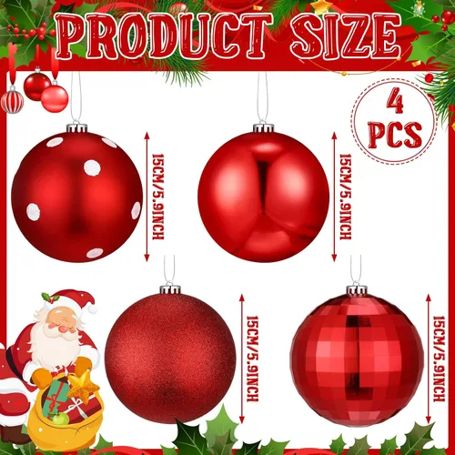 Vista 2 de Tigeen 4 adornos de bola de Navidad rojos grandes de 6 pulgadas, adornos colgantes de Navidad extra grandes de 5.906 in con purpurina para invierno