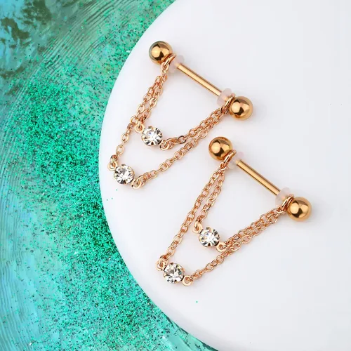 Vista 2 de Cocharm Anillos de pezón de doble cadena de 0.49 oz, plata y oro, joyería de piercing de acero inoxidable 316L para mujer