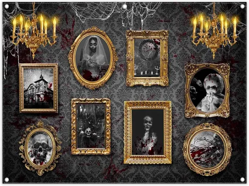 Vista 9 de Telón de fondo de fotografía de casa embrujada de Halloween de 7 x 5 pies, marco de fotos gótico de terror, telaraña aterradora, decoración