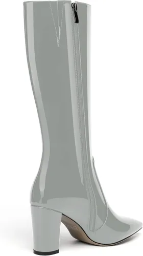 Vista 54 de AMBELIGHT Botas altas hasta la rodilla con cremallera y puntera puntiaguda para mujer, de patente sólida, tacón alto, 3.3 pulgadas