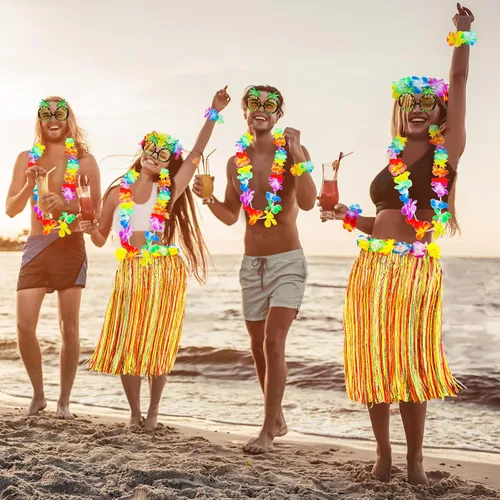 Vista 5 de 6 juegos de falda hawaiana Luau Hula de hierba con piña, flores de sol para vacaciones, fiesta de verano hawaiana, cosplay