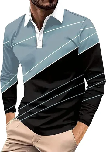 Vista 7 de Camisa polo para hombre, manga larga, cuello abotonado, bloque de color, moda para trabajo y golf