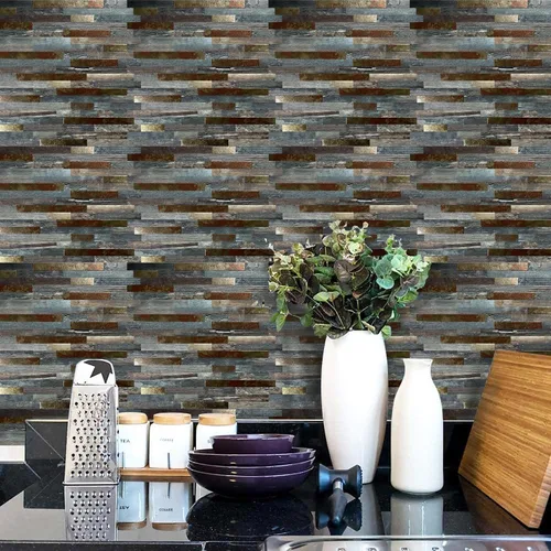 Vista 2 de 10 hojas de azulejos de metal de PVC para salpicaduras de pelar y pegar, adhesivo de pared de grano de madera autoadhesivo, fácil de pegar
