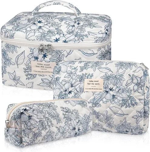 Vista 17 de Juego de bolsas de maquillaje, bolsa de maquillaje acolchada, bolsa grande para cosméticos florales para mujer, bonitas bolsas de maquillaje