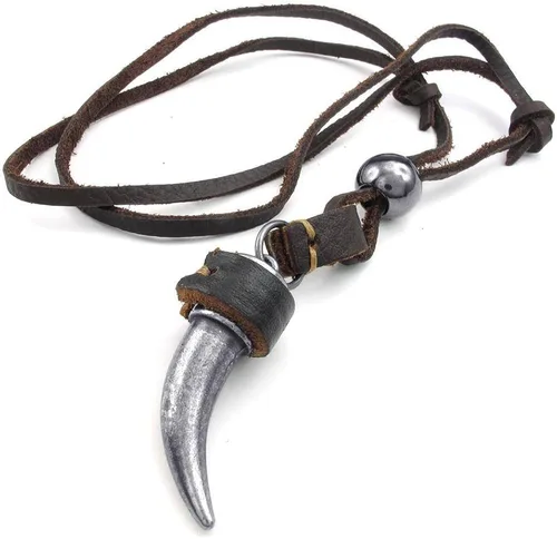 Vista 3 de jonline24h Mens Adjustable Tribal Wolf Tooth Pendant Leather Necklace Chain Brown Black Silver