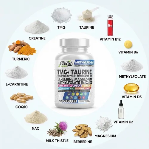 Vista 4 de Clean Nutra TMG Supplements 1000mg Multivitamínico metilado para mujeres y hombres Taurina B6 Vitaminas B12 D3 K2 Trimetilglicina Magnesio