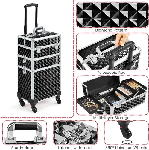 Vista 6 de Yaheetech Estuche de tren de maquillaje rodante 3 en 1, organizador de gran capacidad con ruedas giratorias, carrito cosmético para llaves para Negro