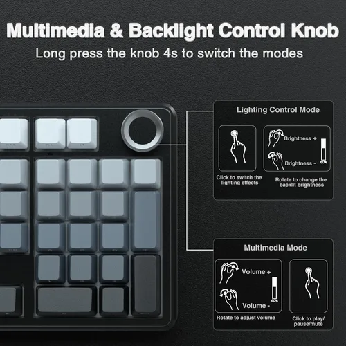 Vista 5 de AULA Teclado mecánico inalámbrico F99 Pro con perilla, estructura de junta, triple modo BT5.0USB-C2.4GHz teclado intercambiable en caliente, sonido