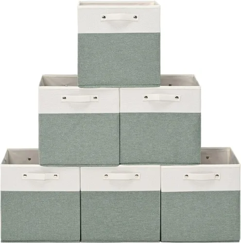 Vista 7 de FinishingBo Contenedores de almacenamiento de lino fino de 13 x 13 pulgadas con asas, cajas de cubo de tela, organizadores de cestas para estantes
