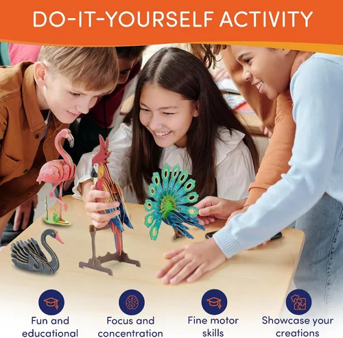 Vista 4 de Rompecabezas de madera 3D 4 coloridos pájaros de juguete para niños, kits de construcción de modelos, rompecabezas de cerebro, kits educativos STEM