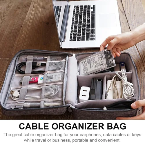 Vista 5 de Bolsa organizadora de cables de viaje portátil, estuche de almacenamiento electrónico compacto para auriculares, cargadores, cables de datos