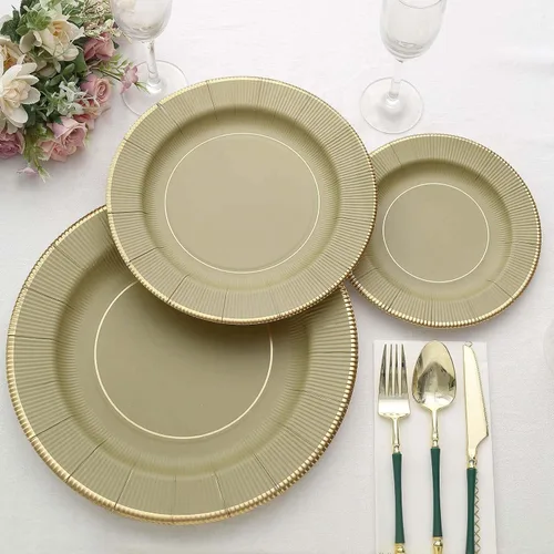 Vista 18 de Efavormart Paquete de 25 Platos Cargadores Desechables Sunray Metallic Sage Green de 13", Bandeja de Servir de Cartón, Redonda - 350 GSM Verde