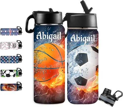 Vista 29 de InterestPrint Botella de agua personalizada para niños de 18 onzas con tapa de pajilla, botella de agua aislada de doble pared de acero inoxidable