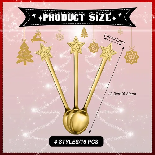 Vista 2 de 16 cucharas de Navidad para café, cuchara creativa de acero inoxidable para agitar, a granel para postre de sopa, 4 estilos (dorado)