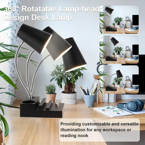 Vista 6 de LALISU Lámpara de escritorio de estudio con carga USB y luz nocturna tipo C, lámpara de mesa LED de cuello de cisne, lámpara de mesa de estudio