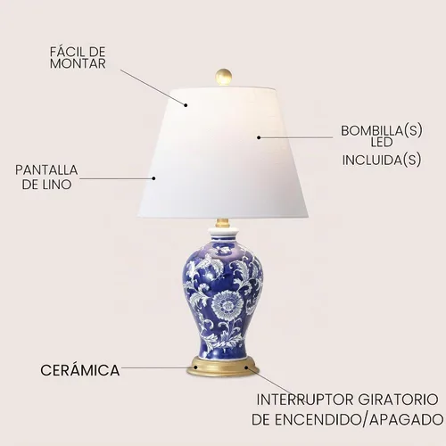 Vista 3 de JONATHAN Y JYL3009E Grace 24" lámpara de mesa LED de cerámica/hierro estilo floral de campo francés, azul marino/blanco para dormitorio, sala