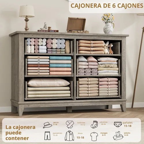 Vista 6 de GarveeHome Cómoda de 6 Cajones para Dormitorio, Cómoda de Cajones de 47 Pulgadas de Ancho con Almacenamiento Independiente, Baúl de Almacenamiento