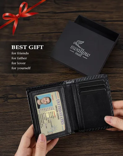Vista 27 de Swallowmall AirTag Billetera para hombre con bloqueo RFID, de piel auténtica, plegable, para AirTag con 1 ventana de identificación, 13 tarjeteros