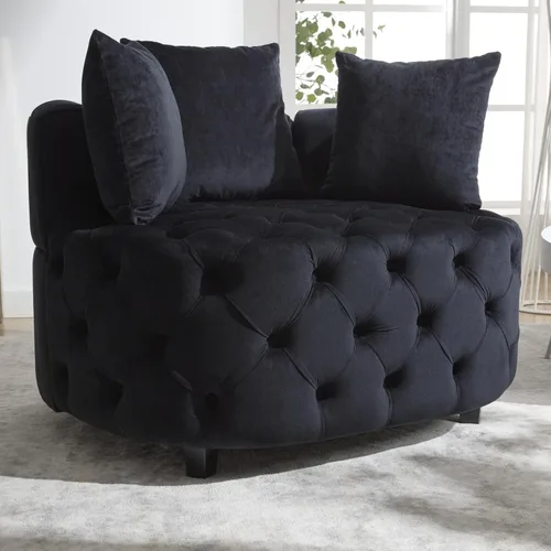 Vista 7 de HMFULE Silla de ocio moderna tapizada de terciopelo, silla giratoria con ruedas móviles y 3 almohadas para sala de estar (negro)