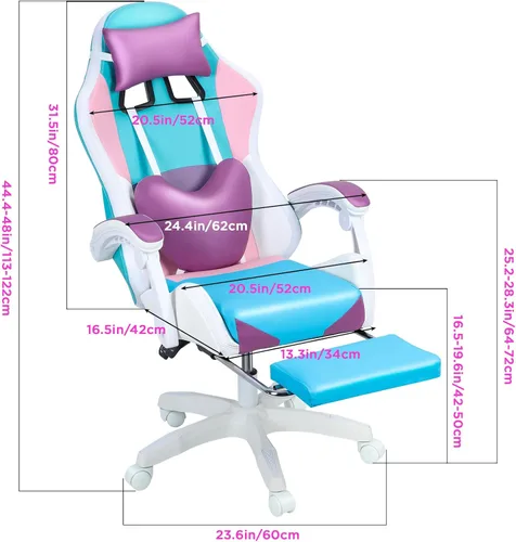 Vista 3 de Sillas de juegos para adultos, silla de computadora con reposapiés y respaldo alto ergonómico, luz LED, sillas giratorias de 360° en altura