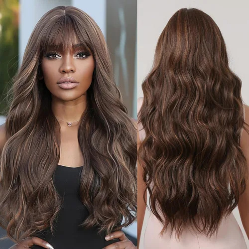 Vista 12 de Allbell - Pelucas largas negras para mujer, rizada, sintética, con flequillo, onda corporal, de aspecto natural, fibra resistente al calor, cabello