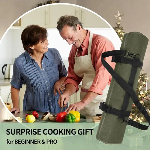 Vista 6 de lelezone Bolsa enrollable para cuchillos de chef, resistente al agua, funda de lona encerada para cuchillos, bolsas enrollables para chefs